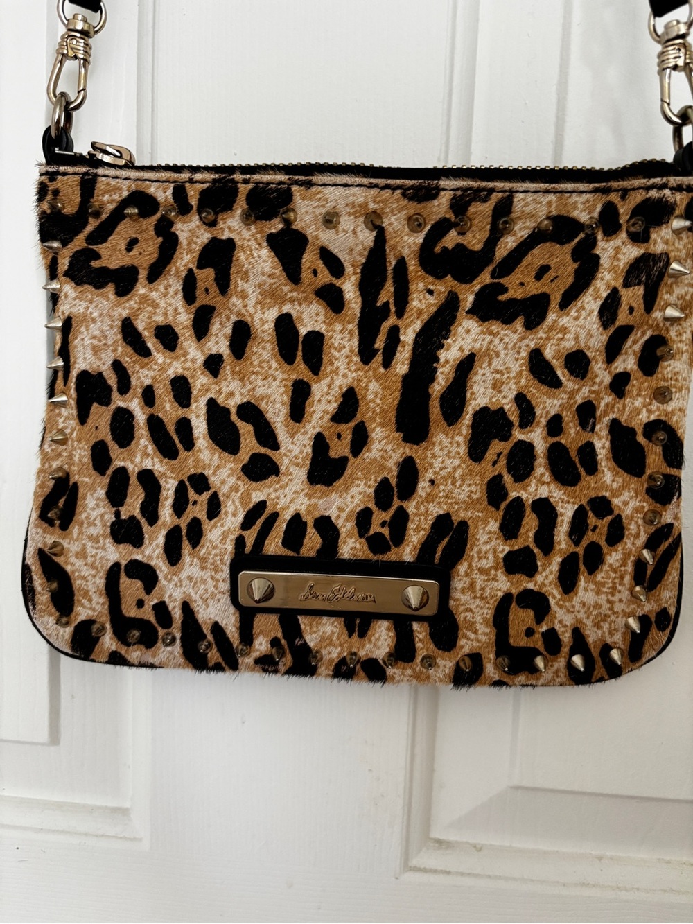 Sam Edelman Leopard Print Leather Crossbody Bag with Pale Gold Hardware